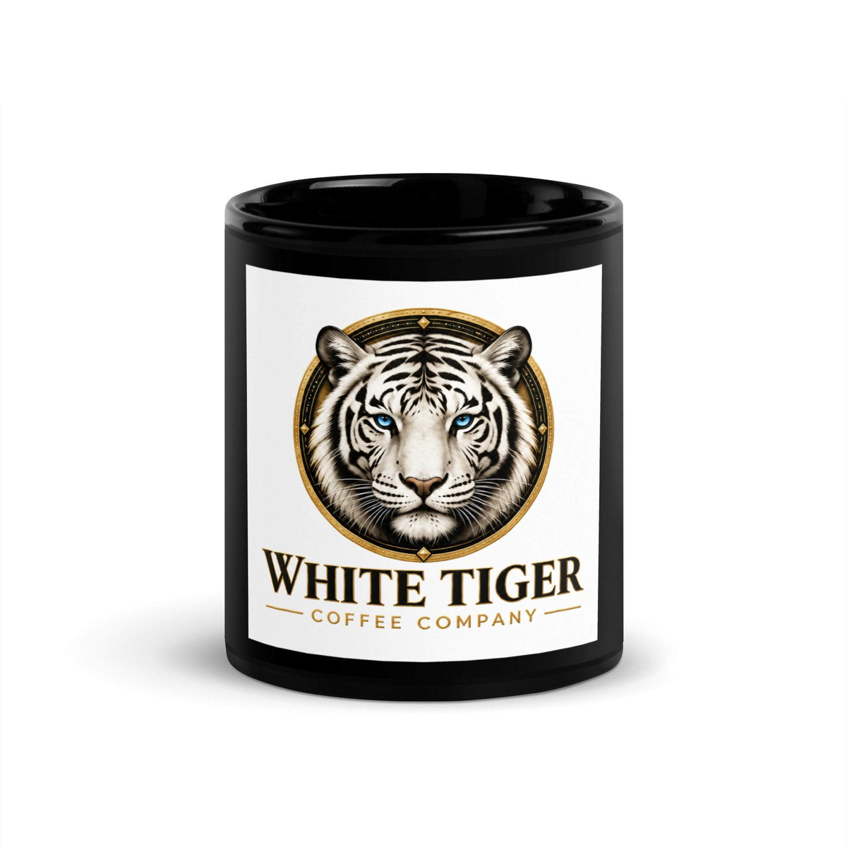 Black Glossy Mug with a white label featuring a detailed tiger portrait, gold accents, and “White Tiger Coffee Company” text.