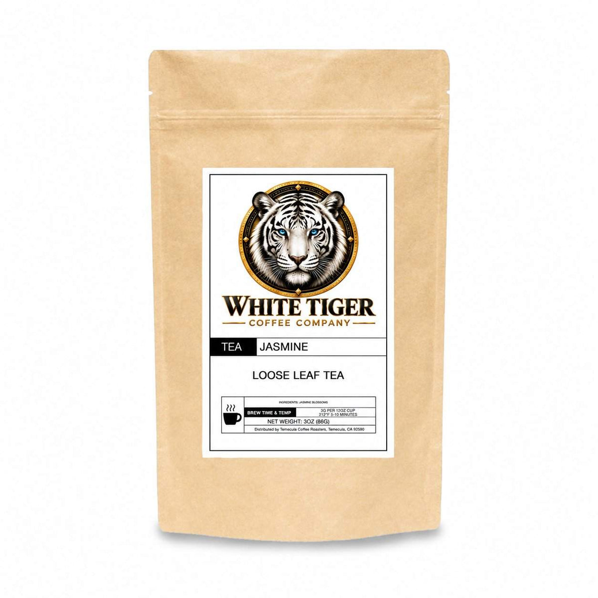 Loose leaf tea pouch in natural kraft paper, labelled Jasmine, featuring a White Tiger Coffee Company logo and tiger emblem