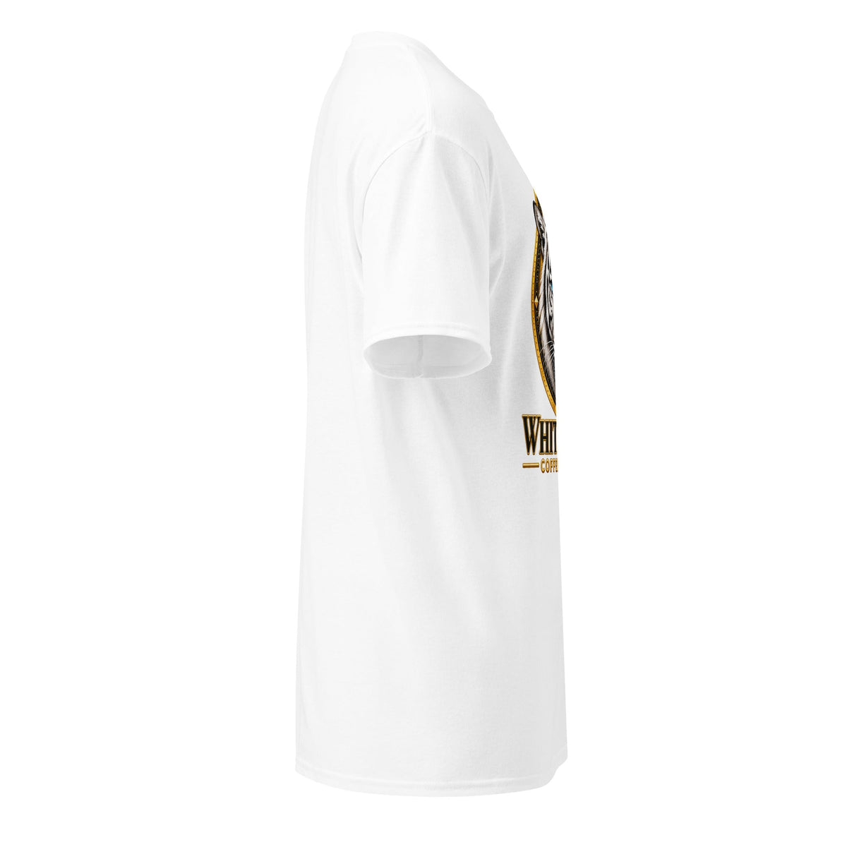 DryBlend T-Shirt in white cotton-polyester fabric, with short sleeves, a crew neck, and a partially visible black and gold graphic.