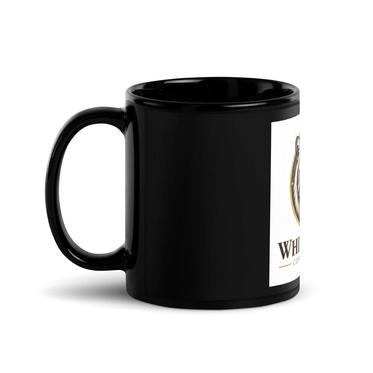 Black Glossy Mug in ceramic with a smooth black finish, curved handle, and a narrow white printed label on the side.