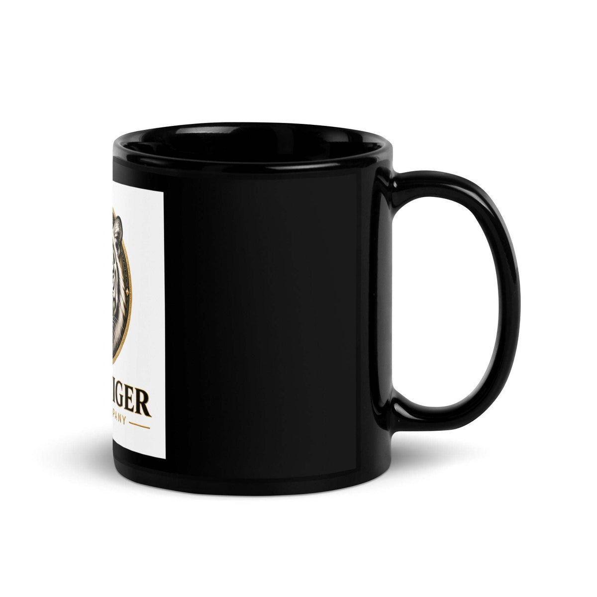 Black Glossy Mug with a shiny black ceramic body, curved handle, and a white label with gold accents.