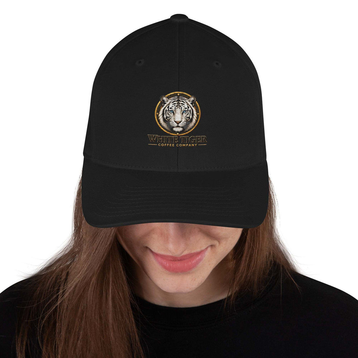 Structured Twill Cap in black twill with a curved visor and embroidered gold-and-white tiger logo on the front.