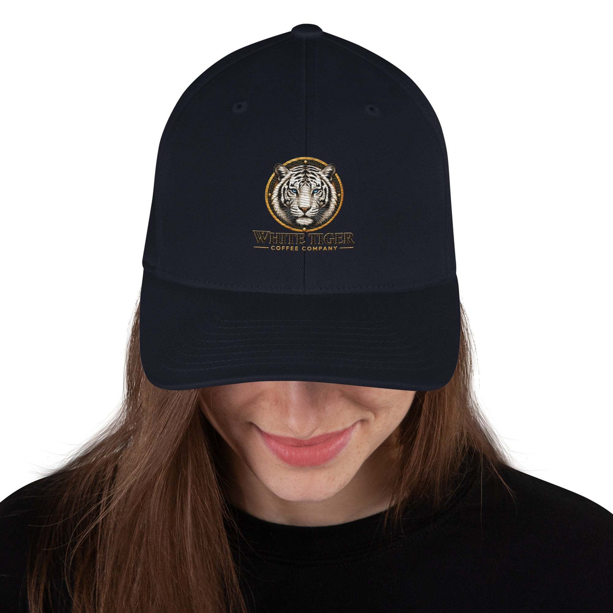 Structured Twill Cap in dark navy polyester-cotton twill, featuring a curved visor and embroidered tiger logo.