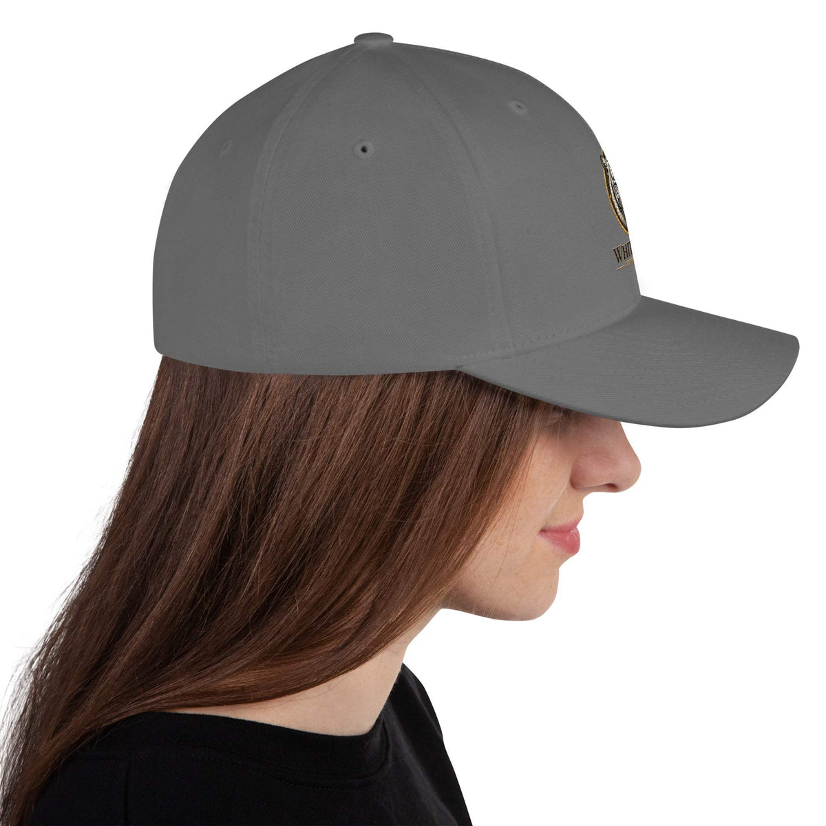 Structured Twill Cap in charcoal gray twill, with a six-panel crown, stitched eyelets, and curved visor.