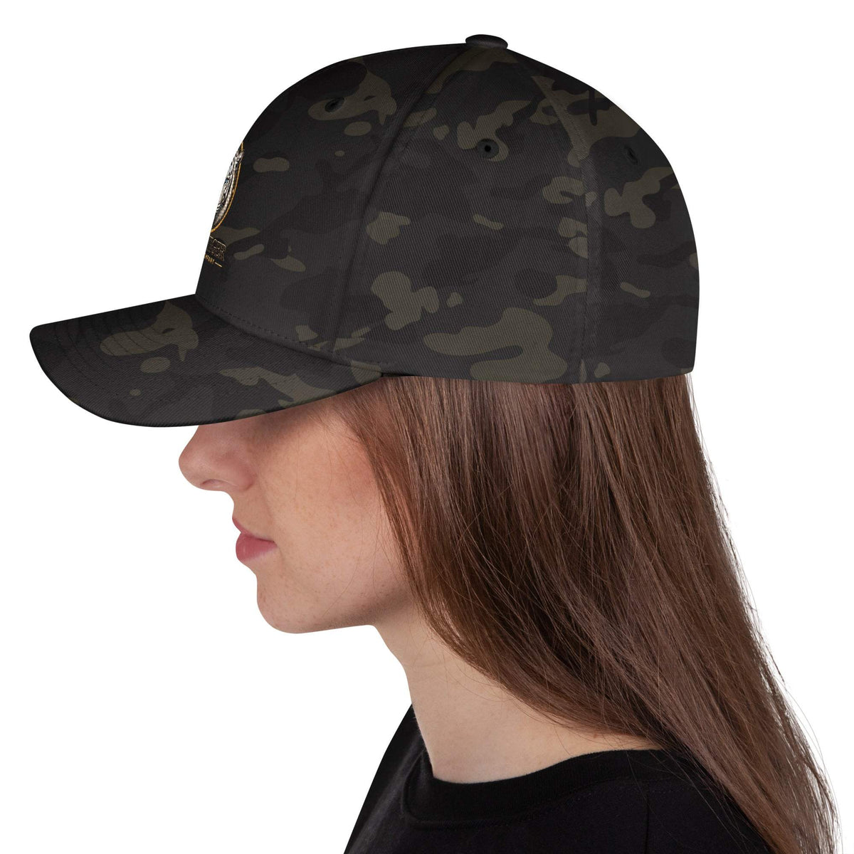 Structured Twill Cap in dark charcoal and olive camouflage twill, with a curved visor and stitched panel seams.
