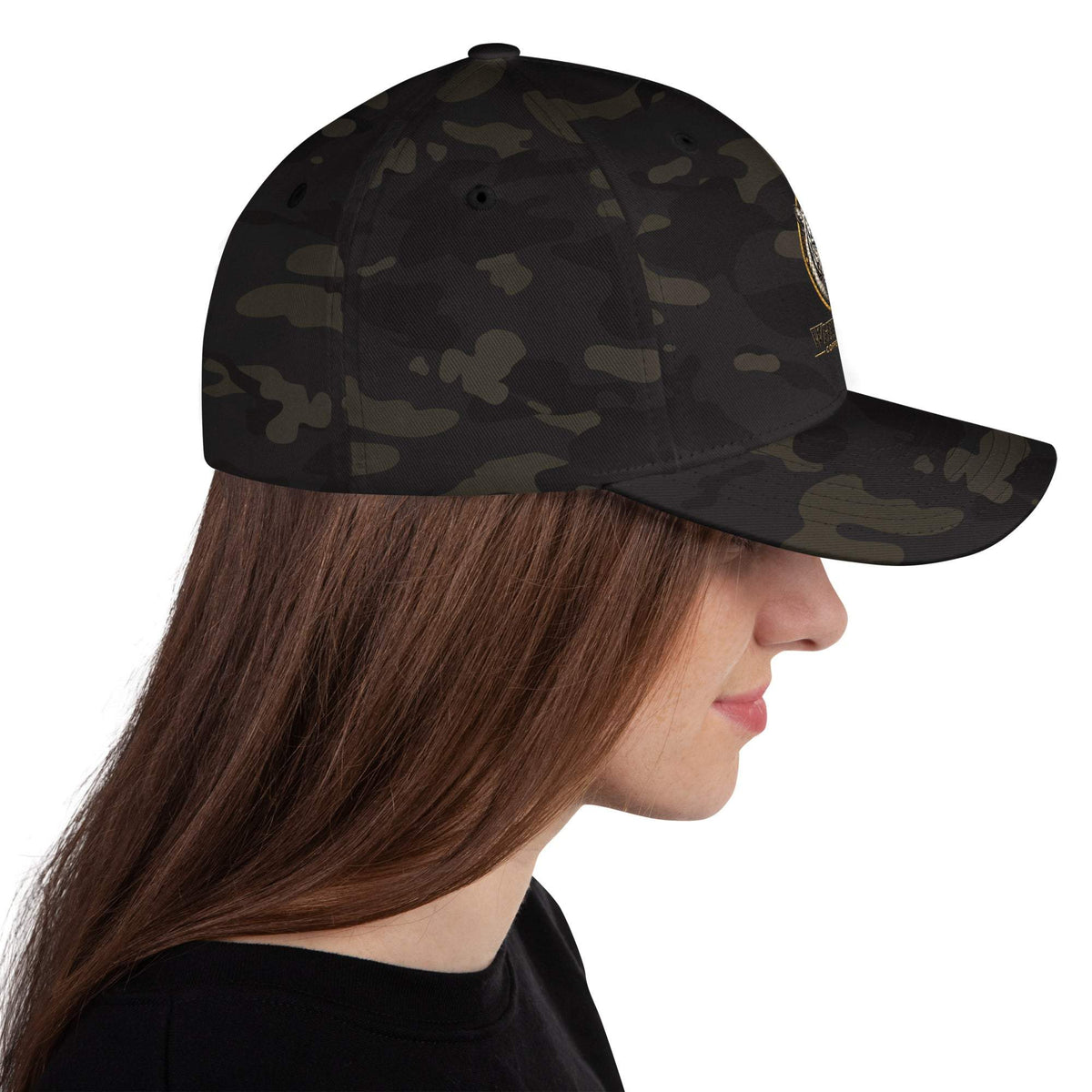 Structured Twill Cap in dark camouflage twill, featuring a structured six-panel crown and curved visor.