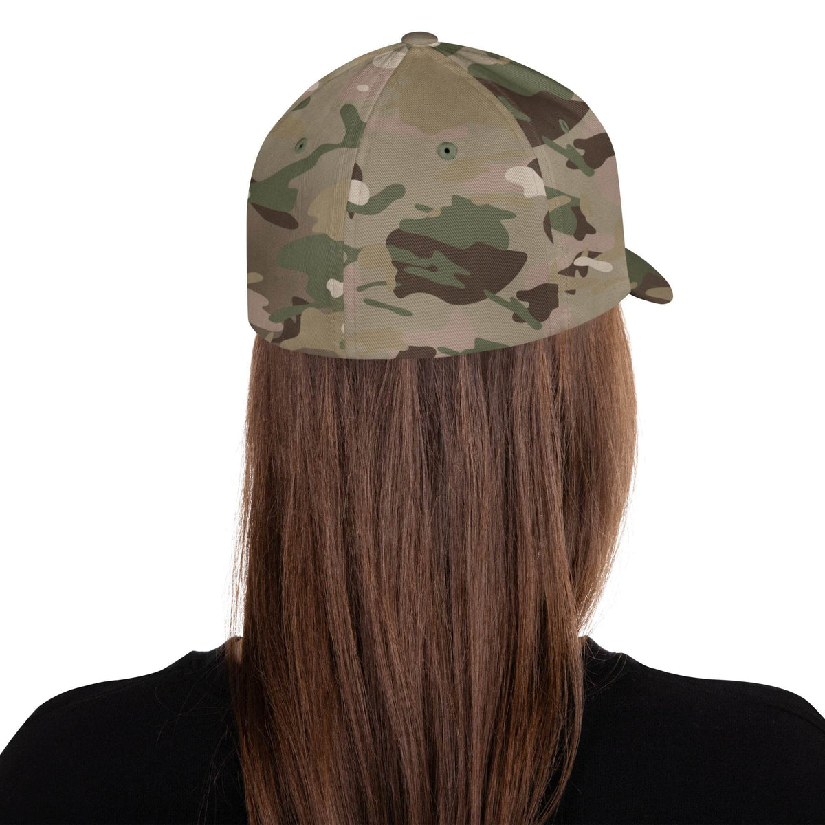 Structured Twill Cap in olive, tan, and brown camouflage twill with a structured six-panel crown and curved visor.