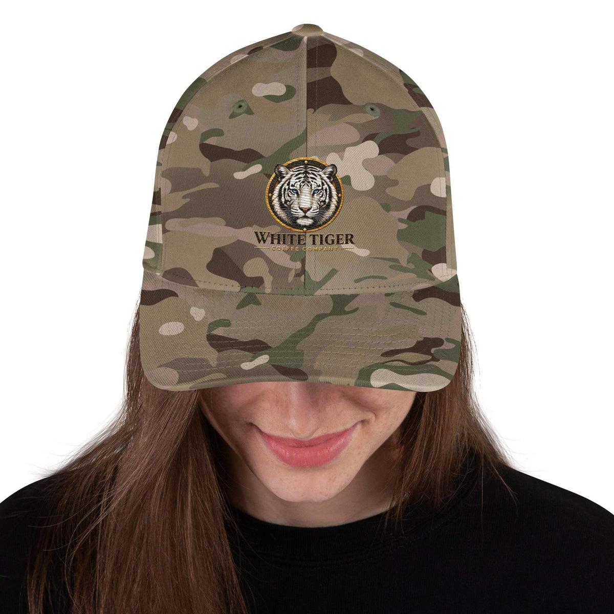 Structured Twill Cap in olive, brown, and beige camouflage twill, with a curved visor and embroidered tiger emblem.