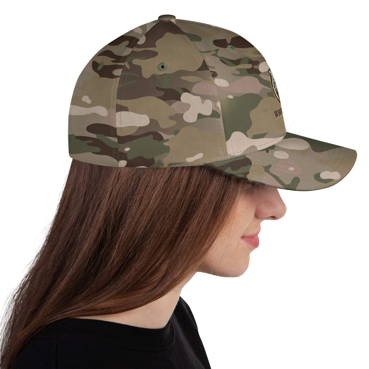 Structured Twill Cap in green, brown, and tan camouflage twill with a structured six-panel crown and curved visor.