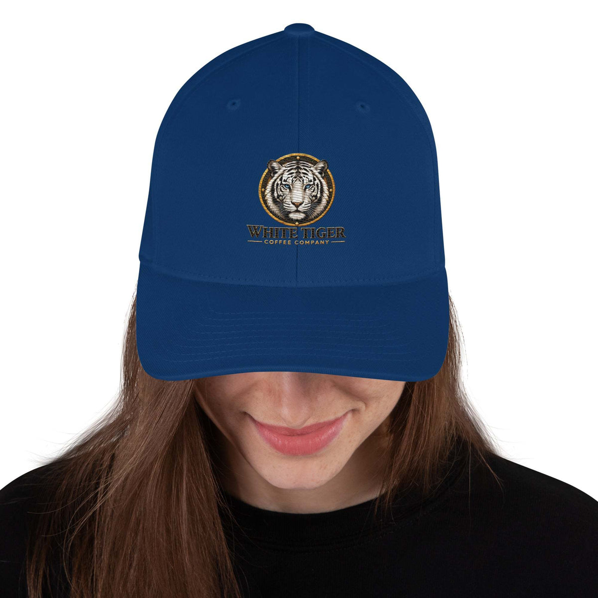 Structured Twill Cap in solid navy blue twill, featuring a curved visor and embroidered tiger logo with gold lettering.