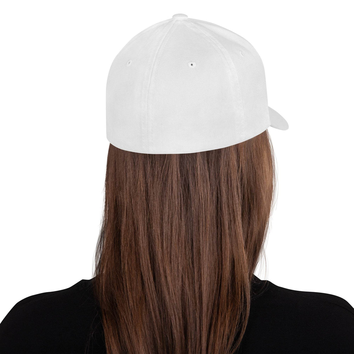 Structured Twill Cap in solid white twill with a structured six-panel crown, embroidered eyelets and curved visor viewed from behind.