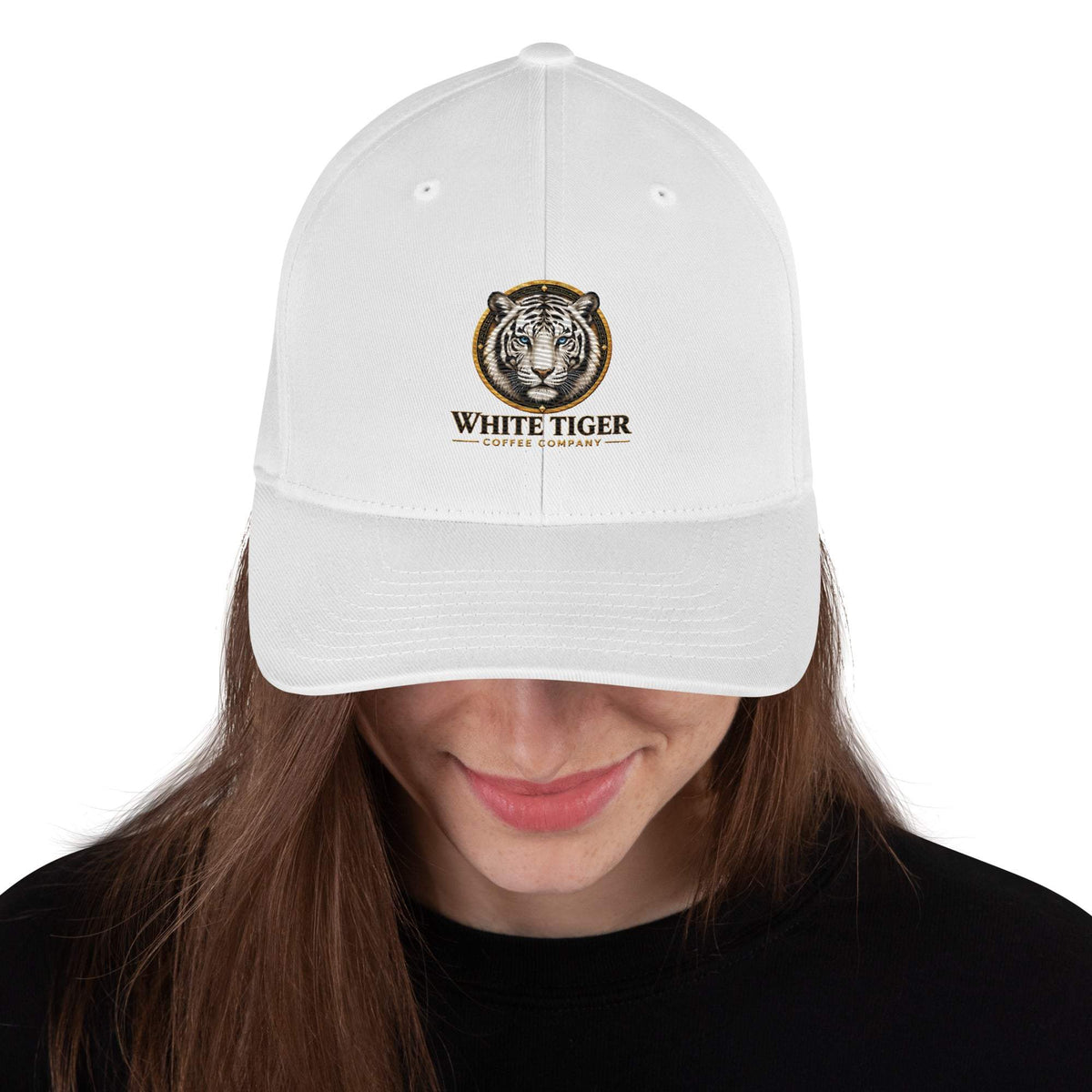 Structured Twill Cap in white cotton-polyester twill, with a curved visor, six-panel crown and embroidered tiger logo.