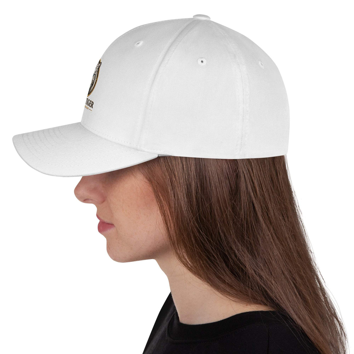 Structured Twill Cap in white polyester-cotton twill, with a structured six-panel crown, curved visor, and small embroidered emblem.