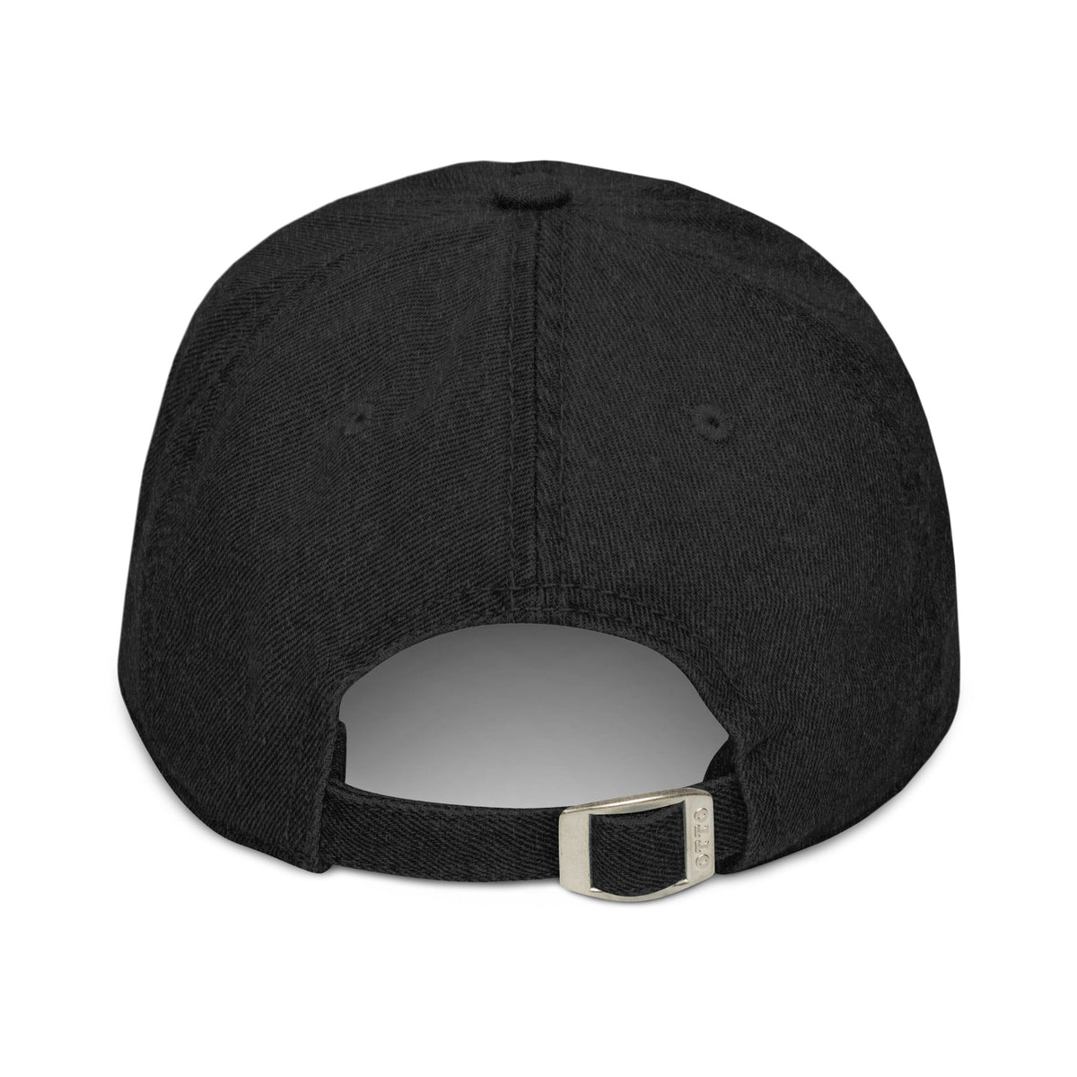 Denim Hat in black cotton denim with a solid six-panel crown and adjustable back strap with metal buckle.