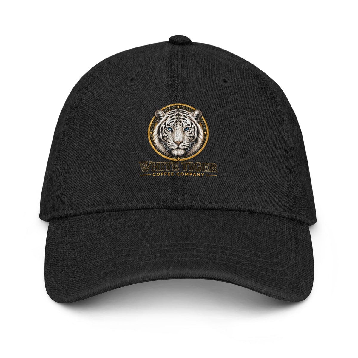 Denim Hat in black cotton denim, featuring a curved brim and embroidered tiger logo with gold accents.