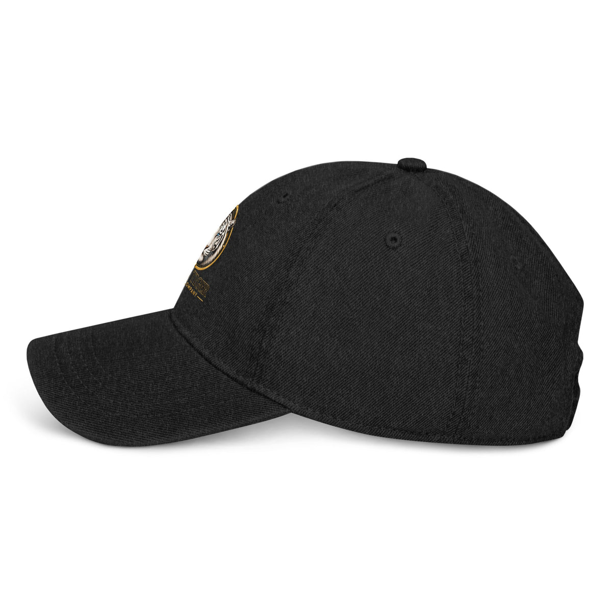 Denim Hat in black cotton twill with a curved stitched brim, eyelet, and small embroidered side emblem.