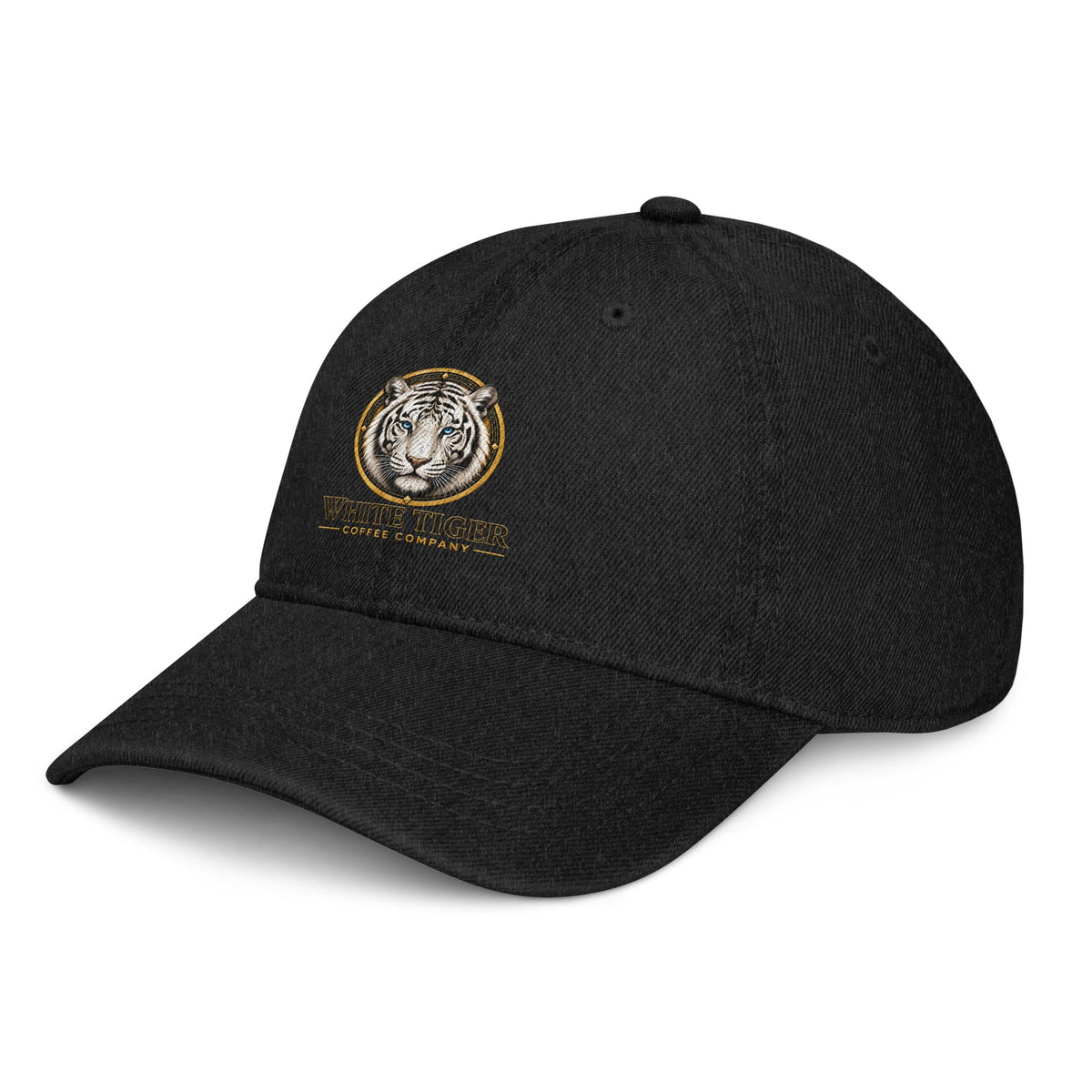 Denim Hat in black cotton twill with a curved stitched brim and embroidered tiger logo on the front.