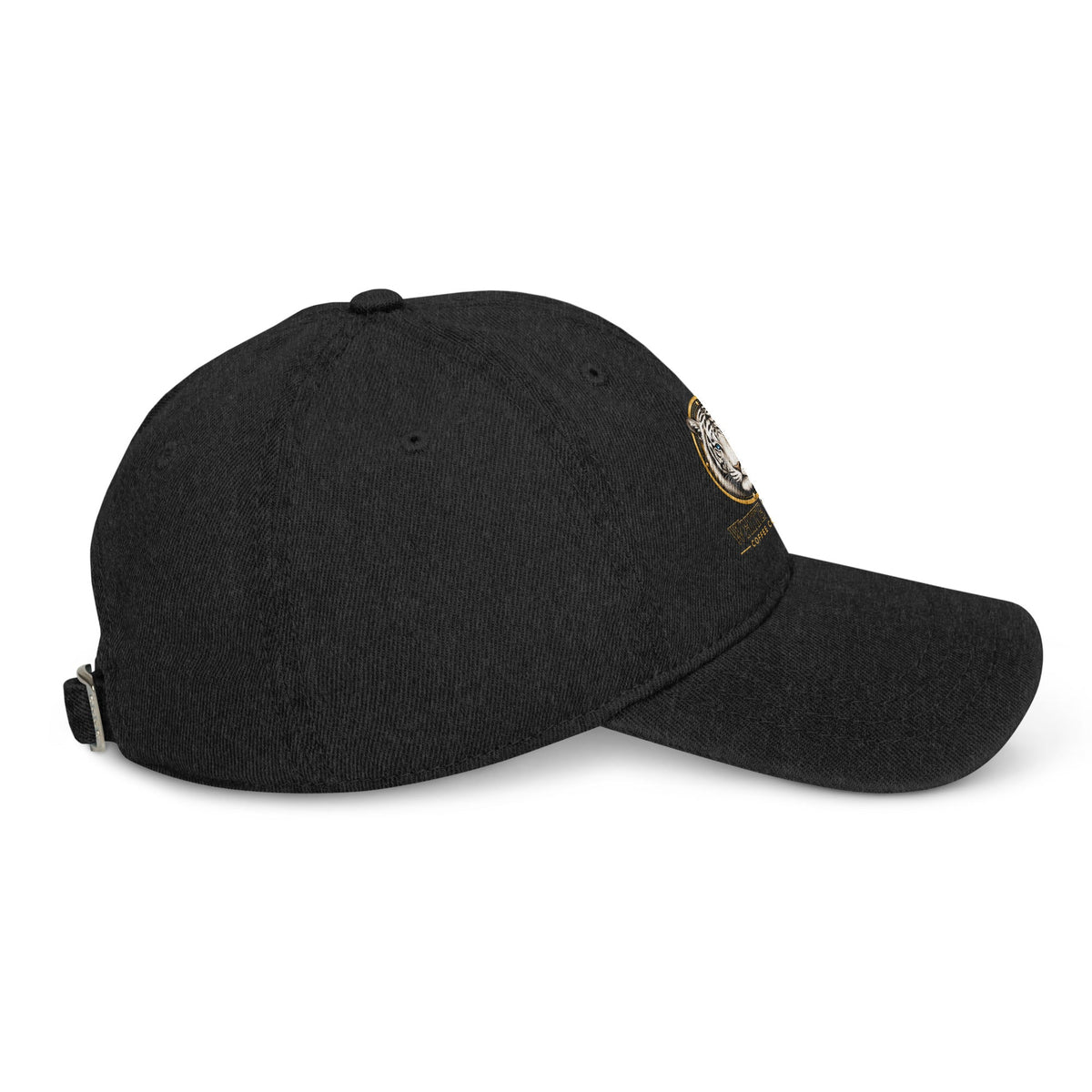 Denim Hat in black cotton with a textured denim weave, curved brim, adjustable back strap, and small side emblem.
