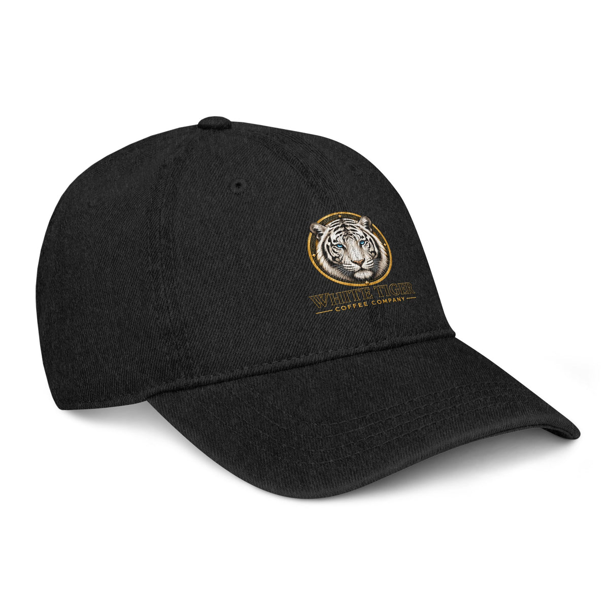 Denim Hat in black cotton denim, featuring a curved brim and embroidered tiger emblem with gold lettering.