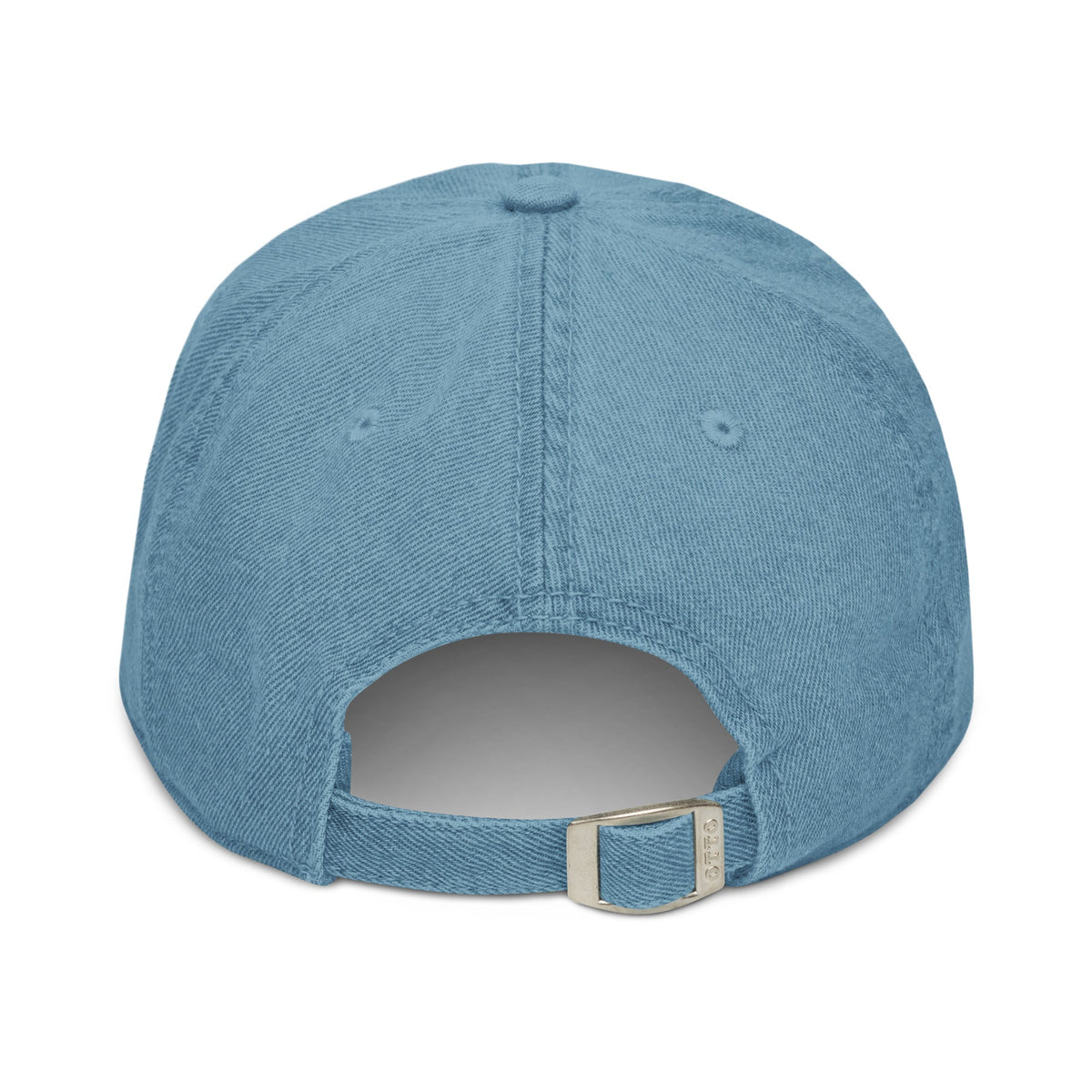 Denim Hat in light blue cotton denim with a solid six-panel crown, stitched seams, and an adjustable metal buckle strap.