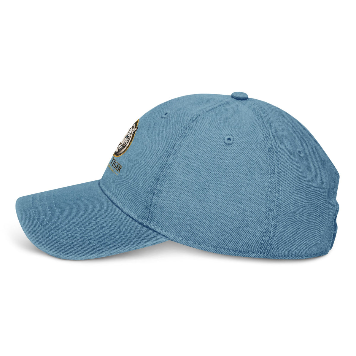 Denim Hat in light blue cotton denim, featuring a curved stitched brim, eyelets, and a small side emblem.