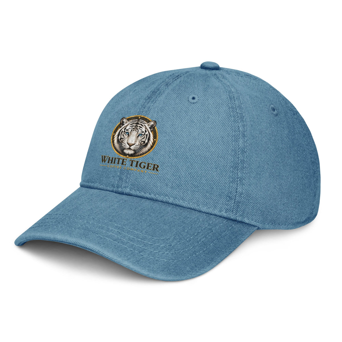 Denim Hat in washed blue cotton with a curved stitched brim and embroidered white tiger logo on the front.