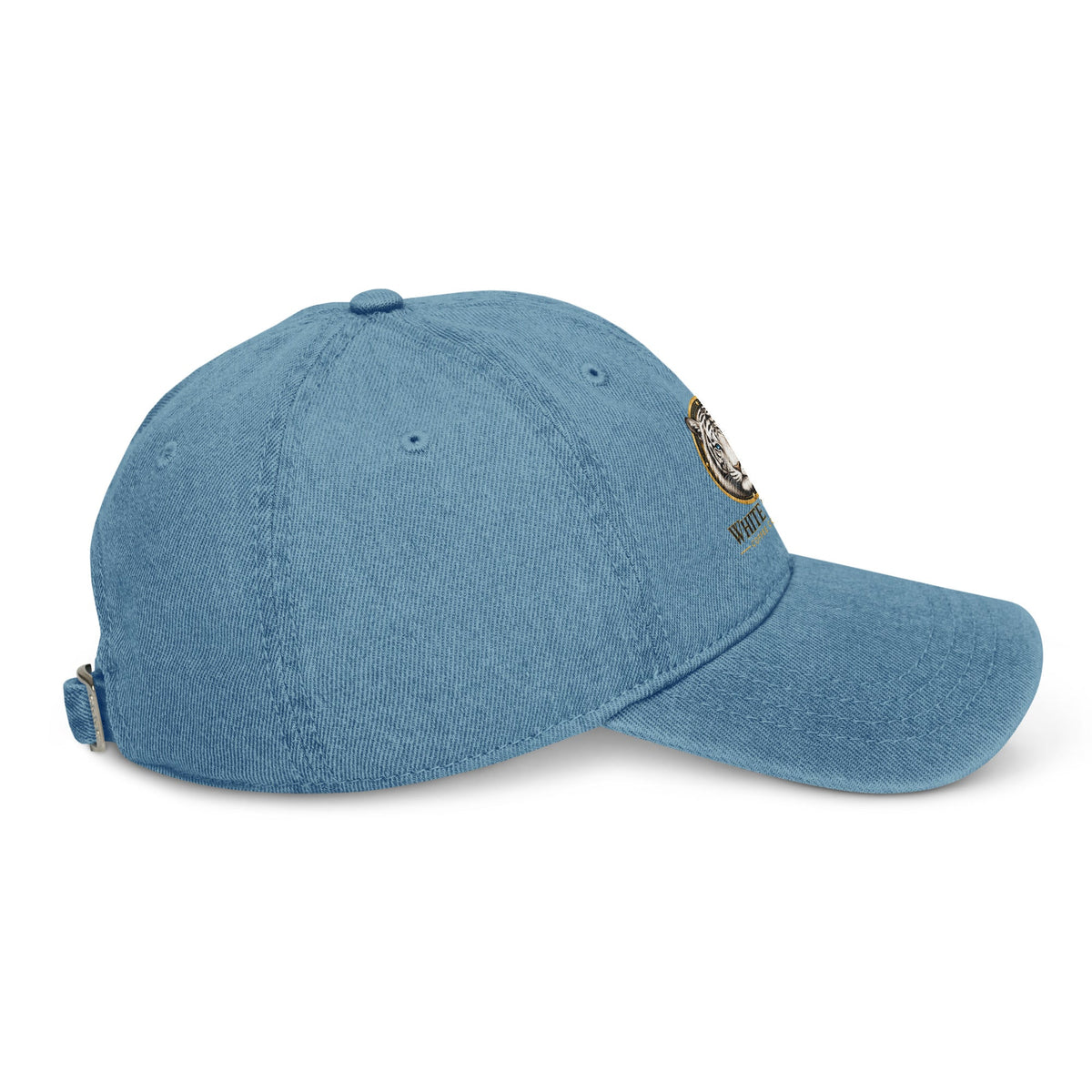 Denim Hat in faded blue cotton with a six-panel crown, stitched curved brim, and adjustable back strap.