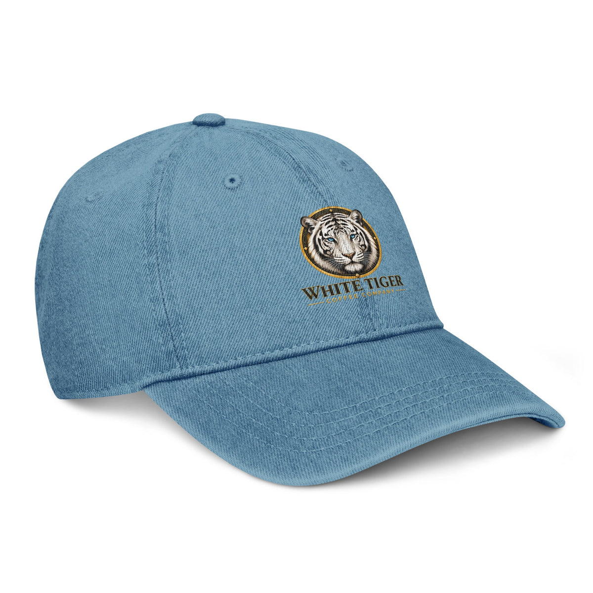 Denim Hat in faded blue cotton with a curved stitched brim and embroidered tiger emblem on the front.