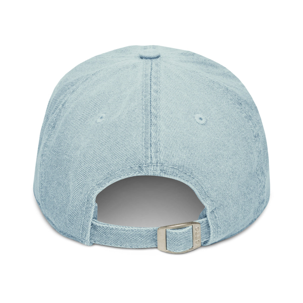 Denim Hat in pale blue cotton denim with a faded wash, six-panel stitching, and an adjustable back strap.