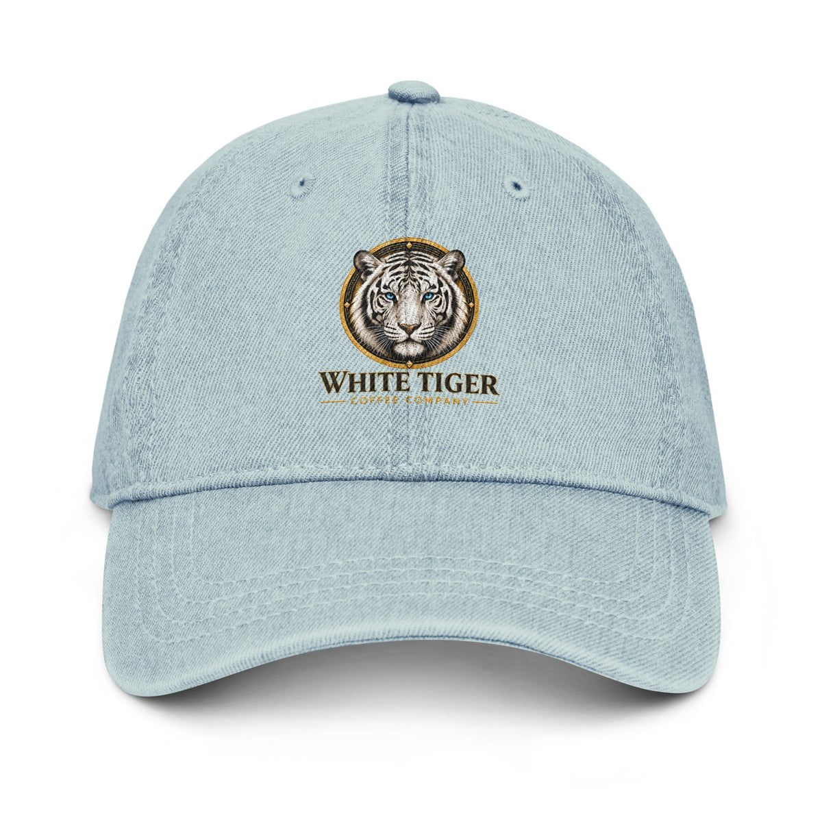 Denim Hat in pale blue cotton denim with a curved brim and embroidered white tiger emblem on the front.