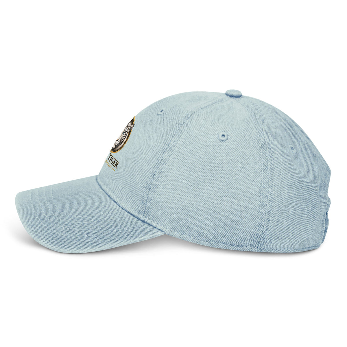 Denim Hat in light blue denim with a curved brim, stitched panels, eyelets, and a small embroidered side emblem.