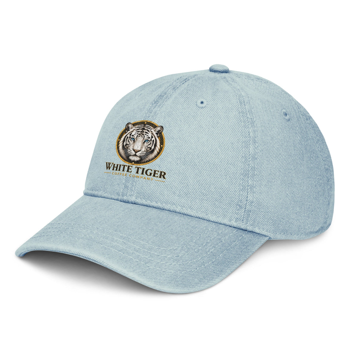 Denim Hat in light blue cotton denim, featuring a curved brim and embroidered White Tiger logo on the front.