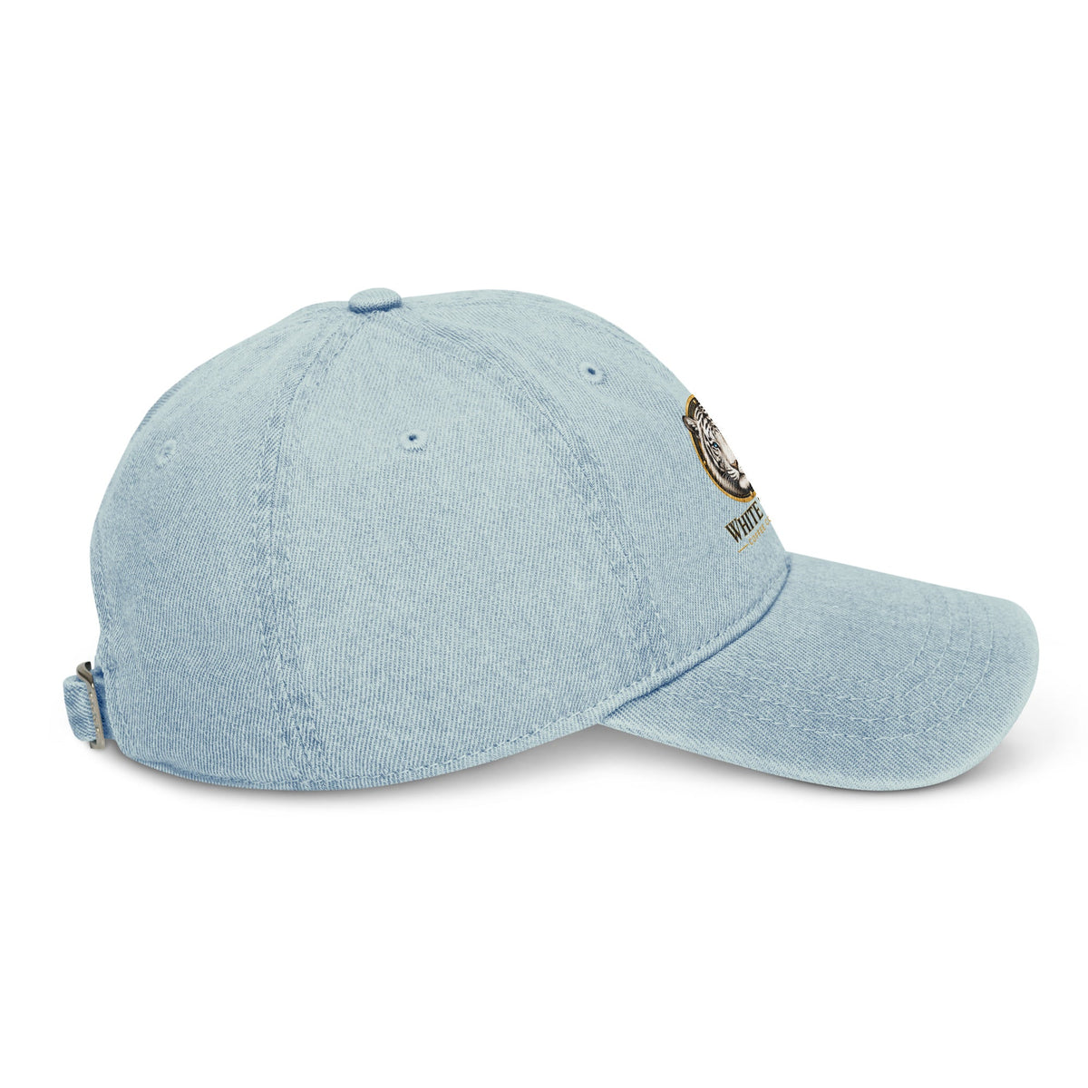 Denim Hat in light blue washed denim, with a curved brim, stitched panels, and an adjustable back strap.