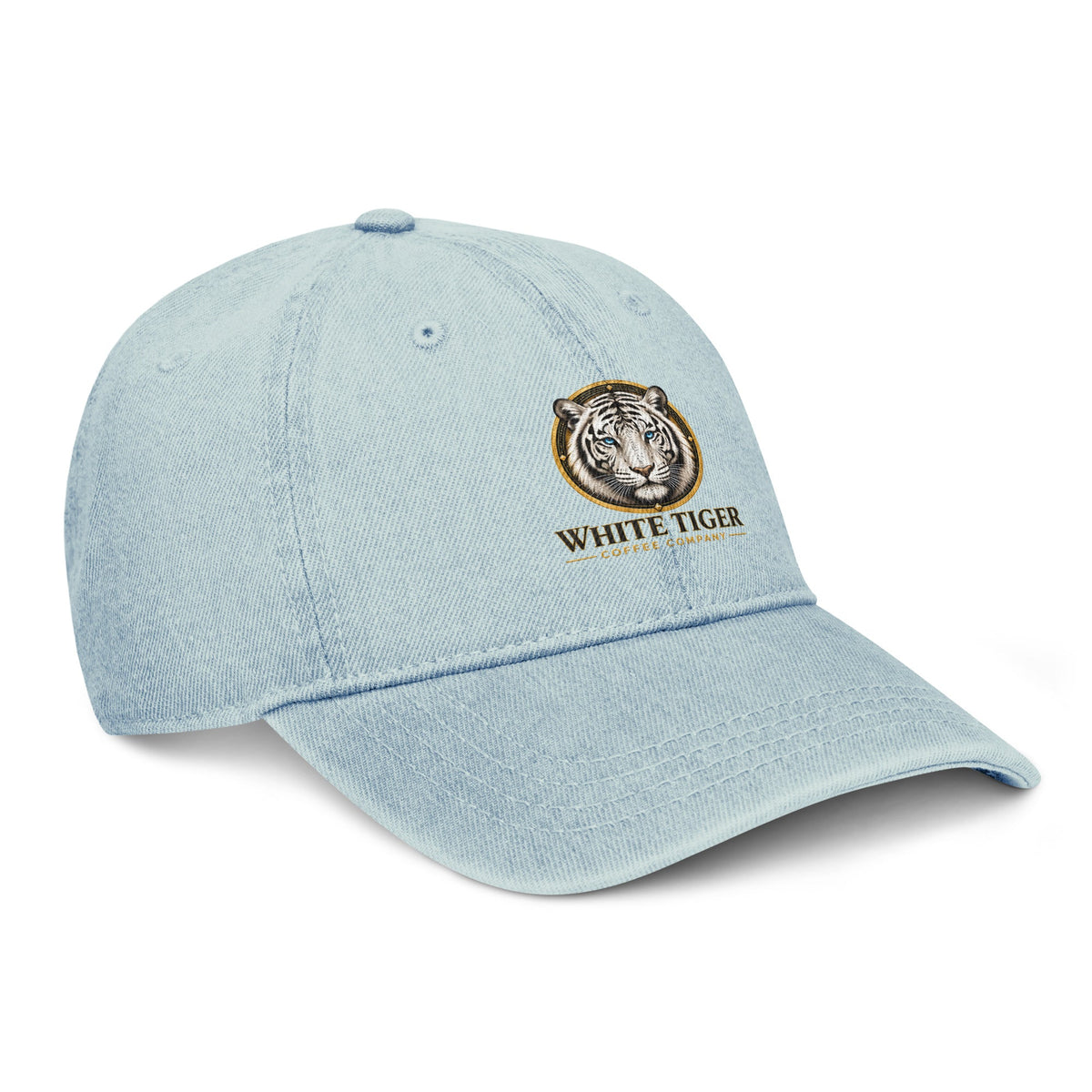 Denim Hat in light blue cotton with a curved brim, stitched panels, and embroidered White Tiger logo.