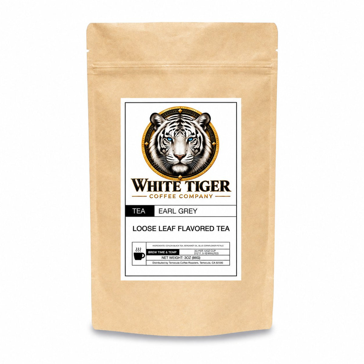 Earl Grey loose leaf tea in a kraft paper pouch, featuring a White Tiger Coffee Company label and zip closure