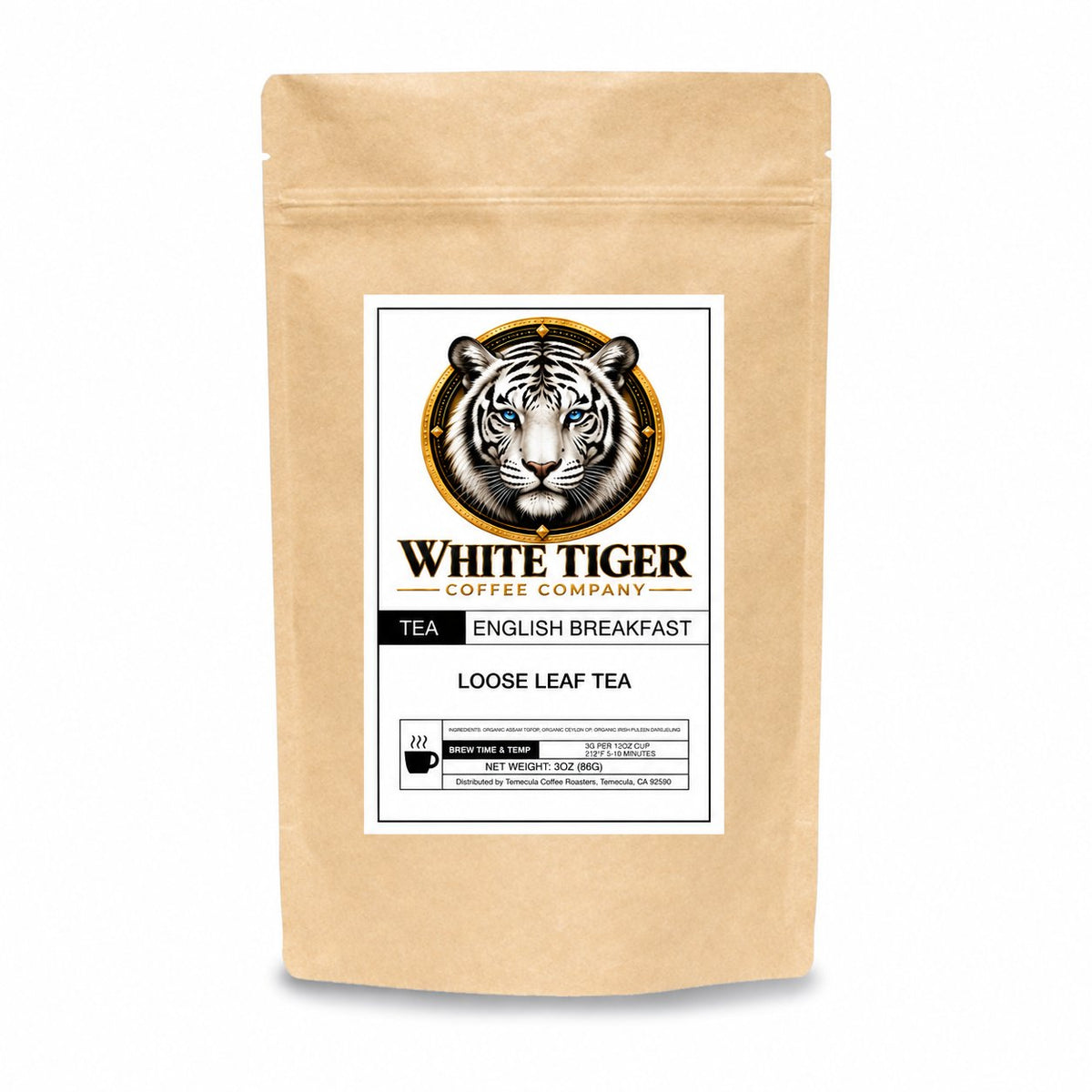 English Breakfast loose leaf tea in a kraft paper resealable pouch with White Tiger Coffee Company label
