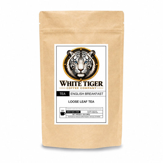 English Breakfast loose leaf tea in a kraft paper resealable pouch with White Tiger Coffee Company label
