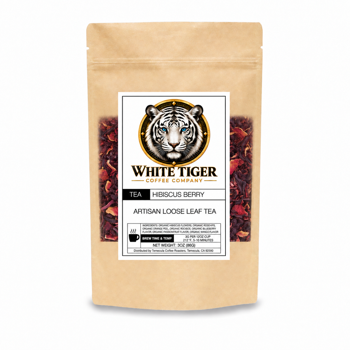 Hibiscus Berry Tea in a kraft paper pouch, featuring a White Tiger label and visible red loose-leaf tea blend