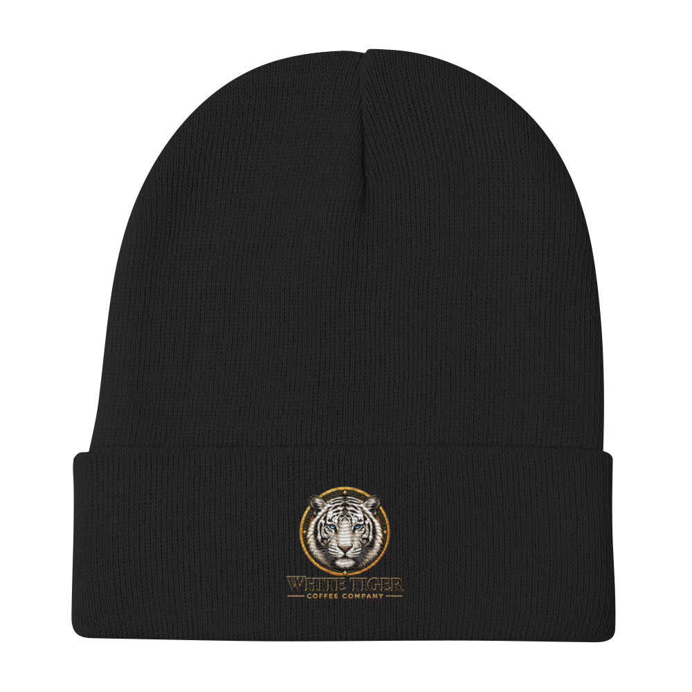 Embroidered Beanie in black rib-knit fabric, with a folded cuff and small gold tiger emblem at the front.