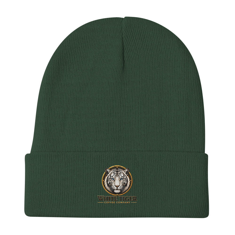 Embroidered Beanie in dark green knit fabric with a folded cuff and small embroidered tiger emblem at the front.
