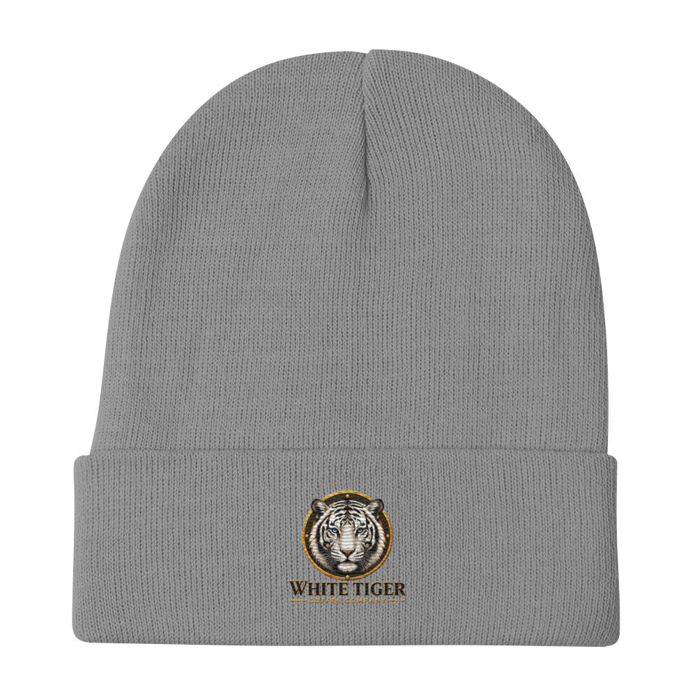 Embroidered Beanie in gray rib-knit fabric, featuring a folded cuff with a small embroidered white tiger emblem.