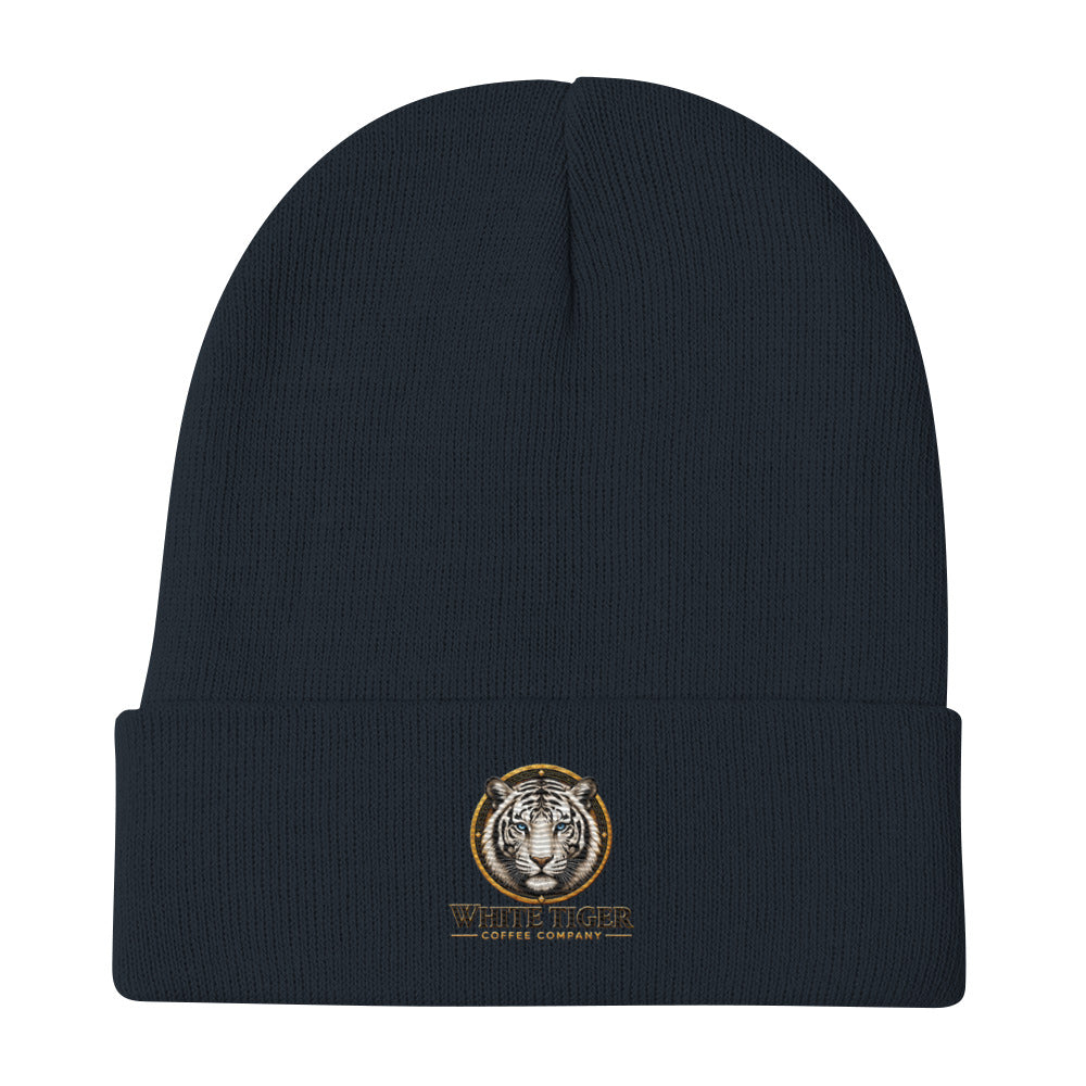 Embroidered Beanie in dark navy knit fabric, with a folded cuff and small gold tiger emblem on the front.