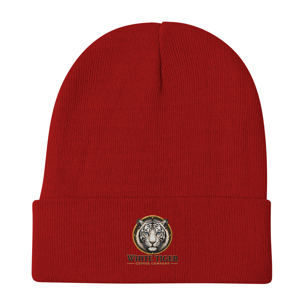 Embroidered Beanie in deep red knit fabric, featuring a folded cuff and small tiger emblem embroidery at the front.