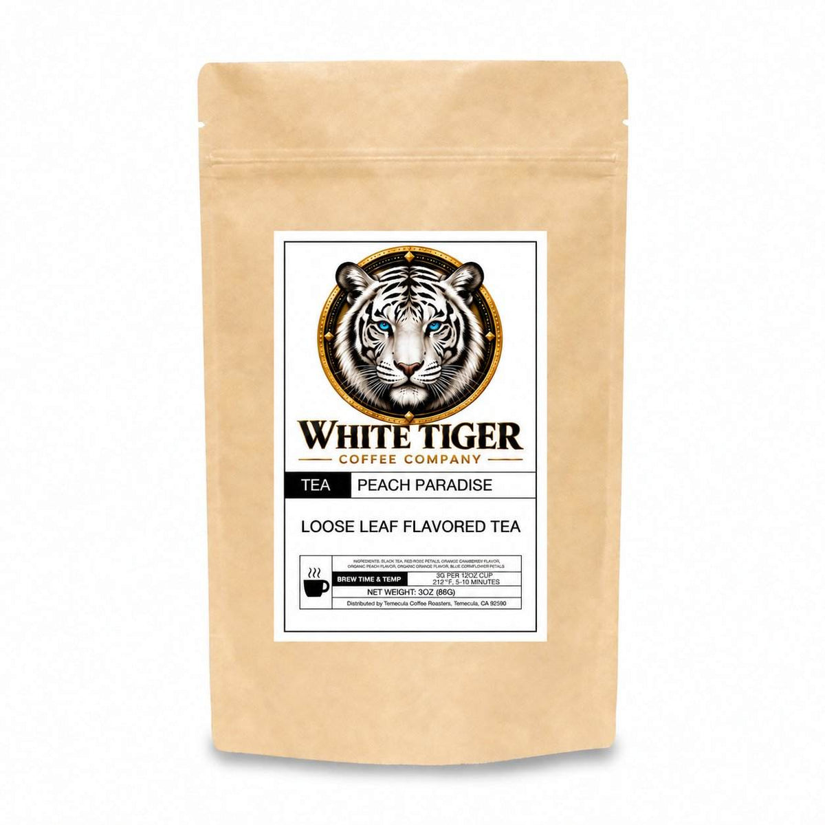 Peach Paradise loose leaf tea in a kraft paper pouch, featuring a White Tiger Coffee Company label
