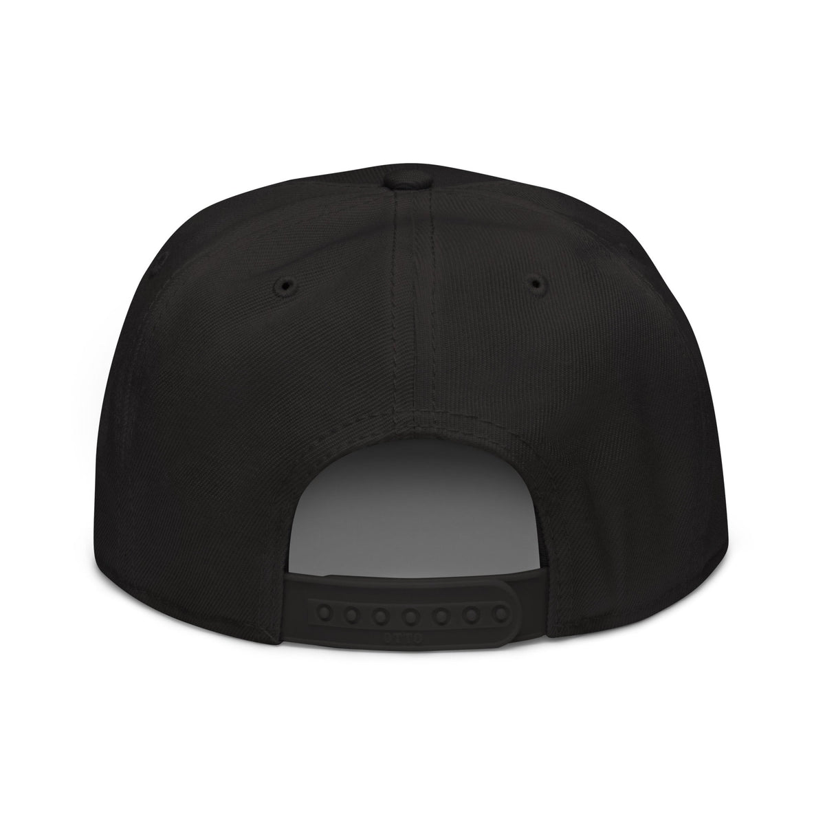 Black structured Snapback Hat with a smooth six-panel crown, stitched eyelets, and adjustable plastic snap closure.