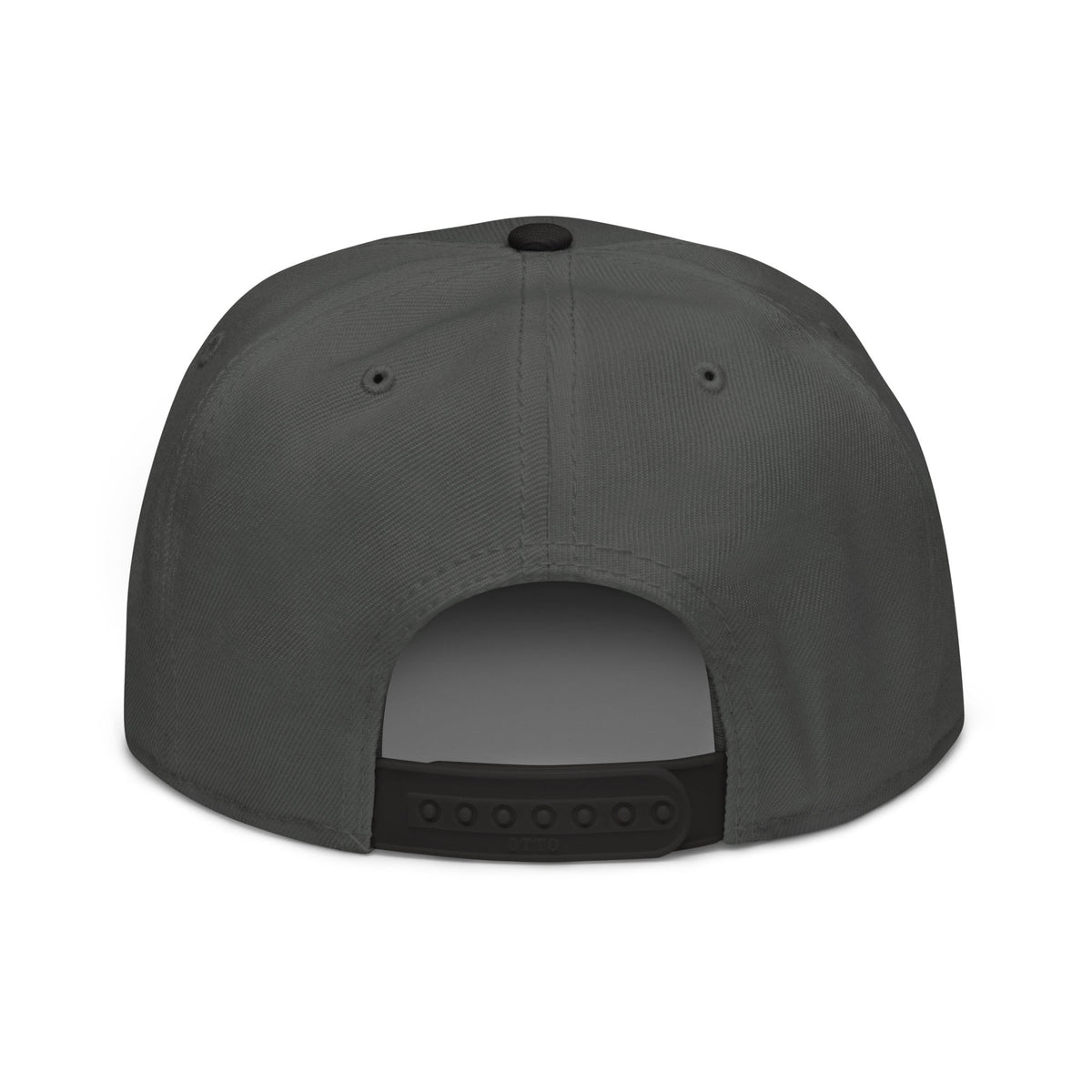 Snapback Hat in dark charcoal fabric, featuring a structured six-panel crown, ventilation eyelets, and black plastic snap closure.