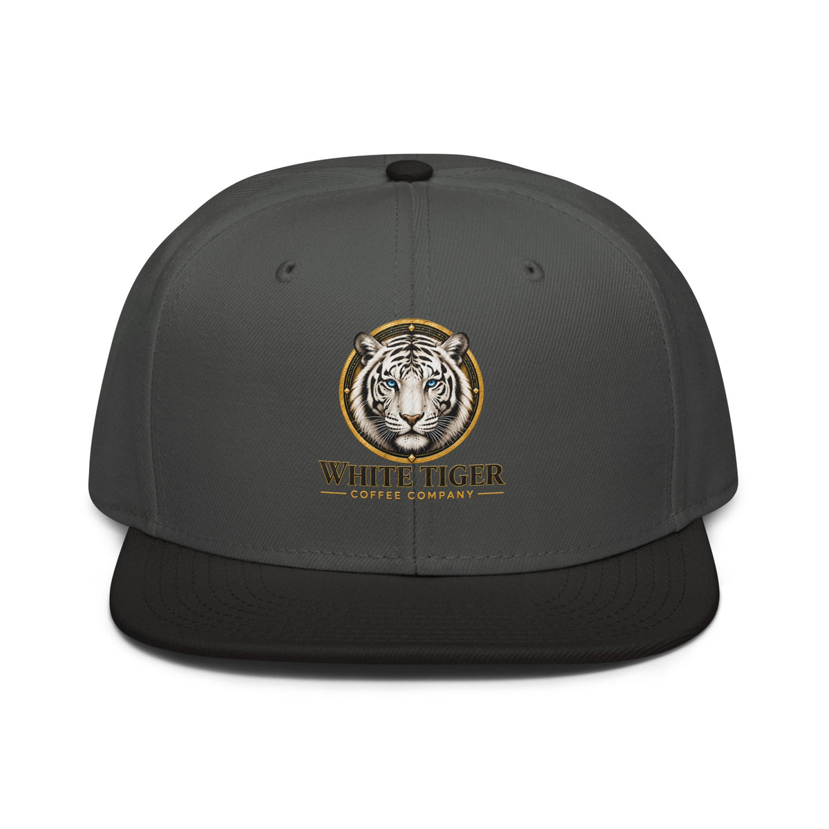 Snapback Hat in dark charcoal fabric with a black flat brim and embroidered tiger logo with gold accents on the front.