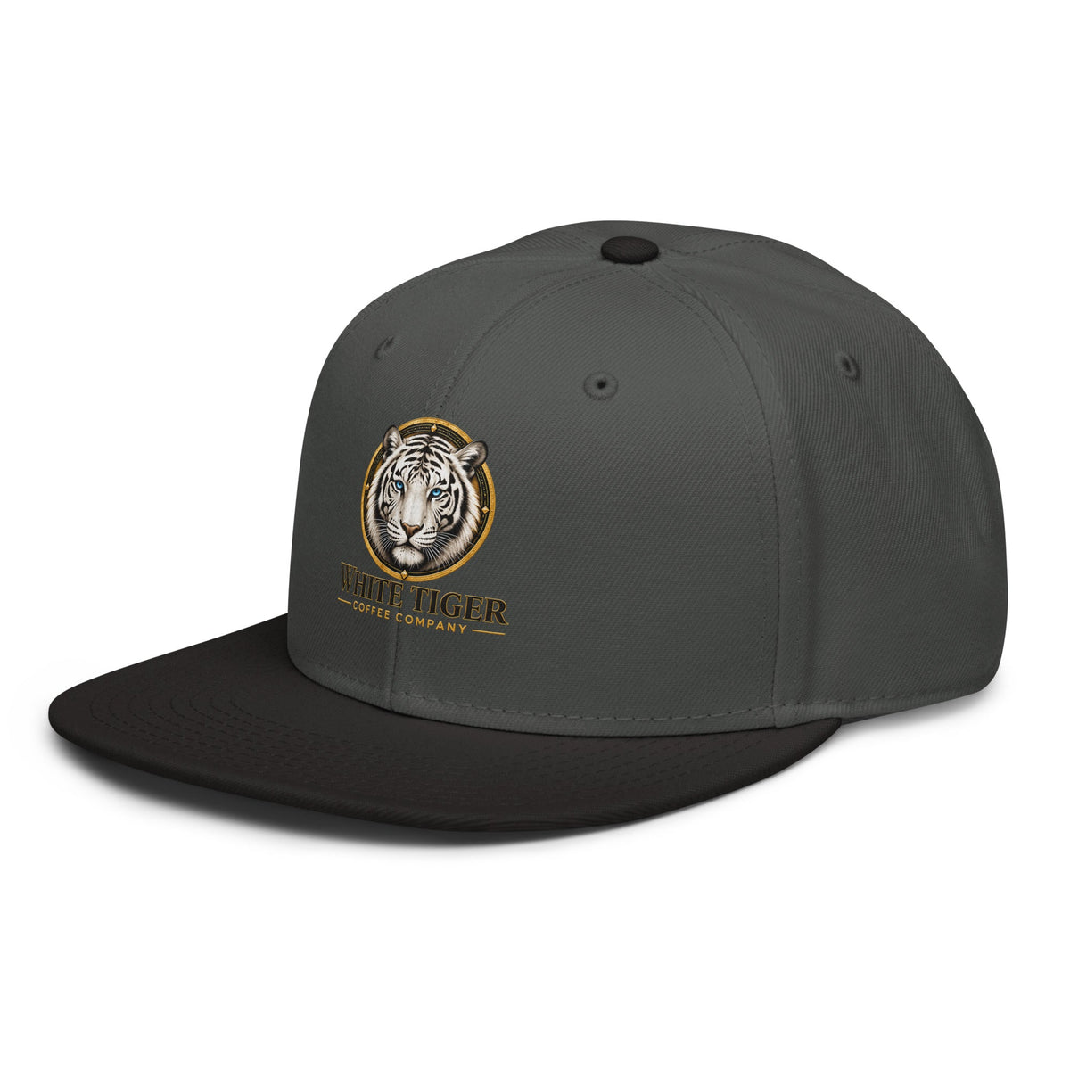 Snapback Hat in dark olive structured fabric with a black flat visor and embroidered tiger logo on the front panel.