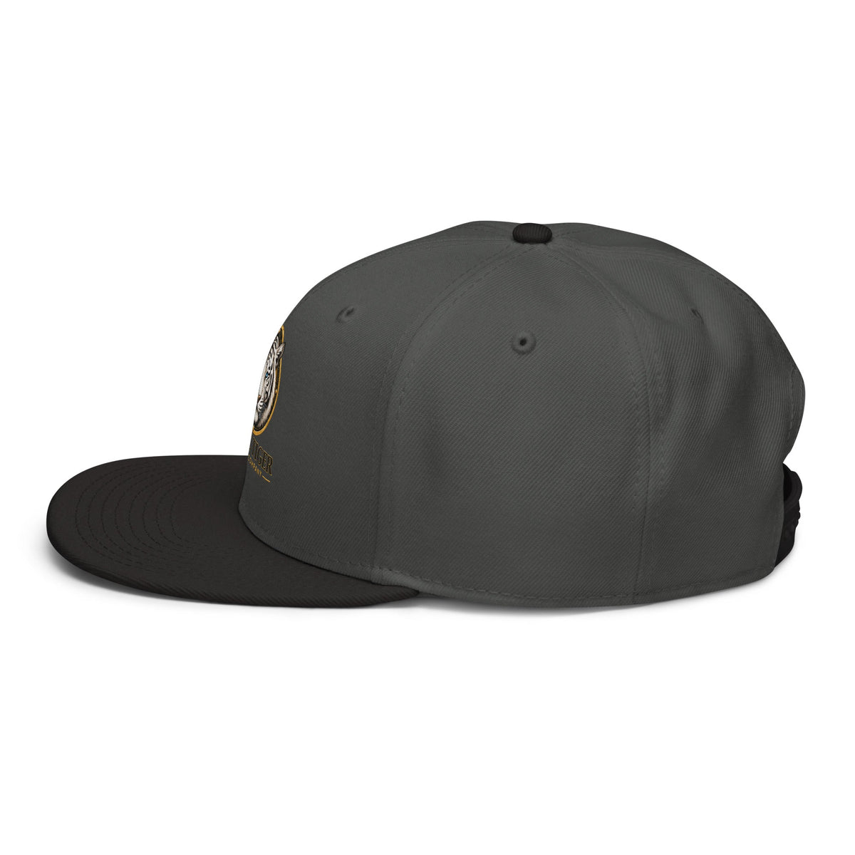 Snapback Hat with a charcoal grey structured crown, black flat brim and small embroidered side detail.