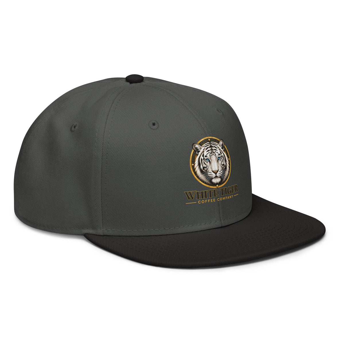 Snapback Hat in charcoal and black with a structured six-panel crown, flat brim, and embroidered tiger logo.